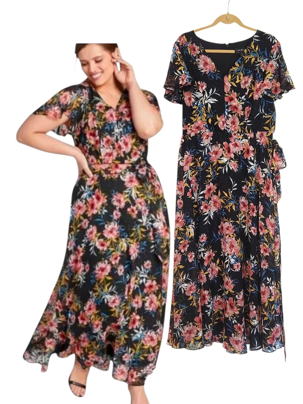 NWT Lane Bryant Size 14 Black Floral Flutter Sleeve Tie Waist Wrap Maxi Dress
